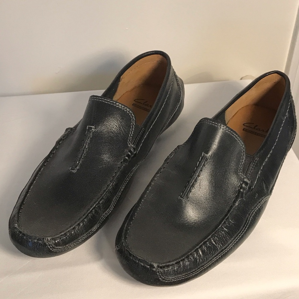 Clarks Men's Dark Black Leather Slip-Ons Driving Shoes size 8